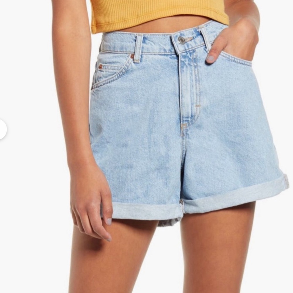 Topshop Light Blue High-Rise Roll Cuff Mom Denim Shorts